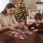 Family Name 5 Photo Collage Red Plaid Modern Jigsaw Puzzle<br><div class="desc">Family Name 5 Photo Collage Red Plaid Modern Jigsaw Puzzle features a photo collage of five of your favourite photos with your personalised family name in elegant white script on a red plaid background. Personalise by editing the text in the text boxes provided. Perfect gift for birthday, Christmas, Mother's Day,...</div>