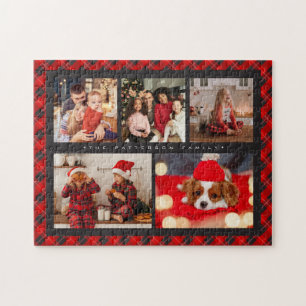 Family Name 5 Photo Collage Red Plaid Modern Jigsaw Puzzle