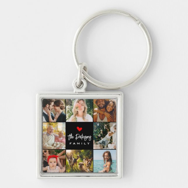 Family Name 8 Photo Collage Modern Elegant Black Key Ring (Front)