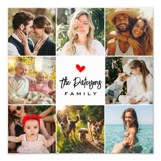 Family Name 8 Photo Collage Modern Elegant White Print (Front)