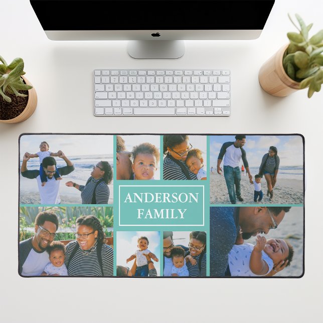 Family Name 8 Photo Collage Teal Desk Mat (Creator Uploaded)