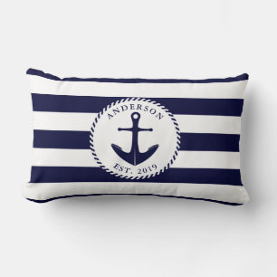 Family Name Anchor Nautical Navy Blue and White Lumbar Cushion