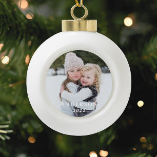 Family Name and Photo Christmas Ceramic Ball Christmas Ornament