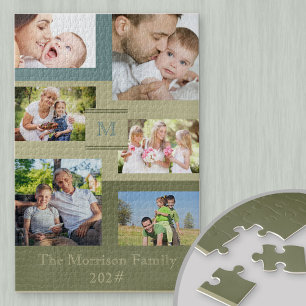 Family Name and Year 6 Photo Collage Green Blue Jigsaw Puzzle