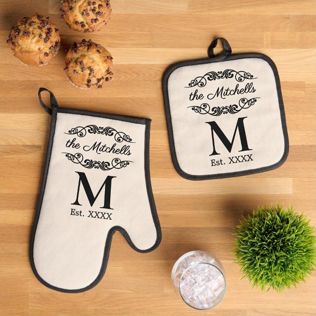 Family Name Antique Black Filigree Scroll On Ivory Oven Mitt & Pot Holder Set (Creator Uploaded)