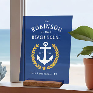 Family Name Beach House Anchor Gold Laurel Navy Acrylic Sign