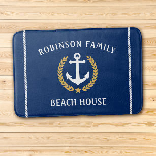 Family Name Beach House Anchor Gold Laurel Navy Bath Mat
