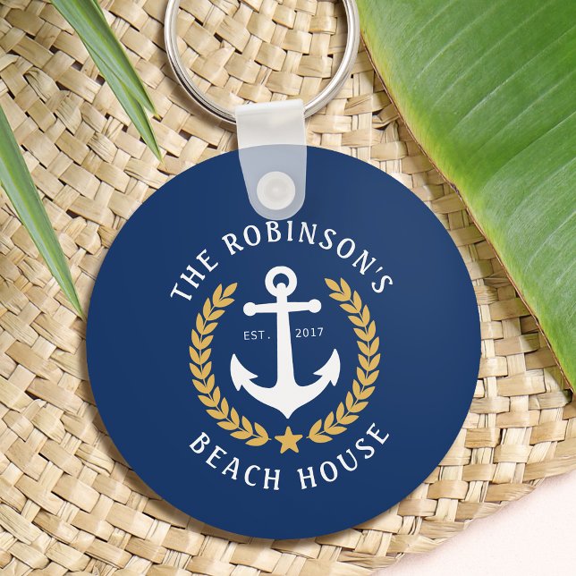 Family Name Beach House Anchor Gold Laurel Navy Key Ring (Creator Uploaded)