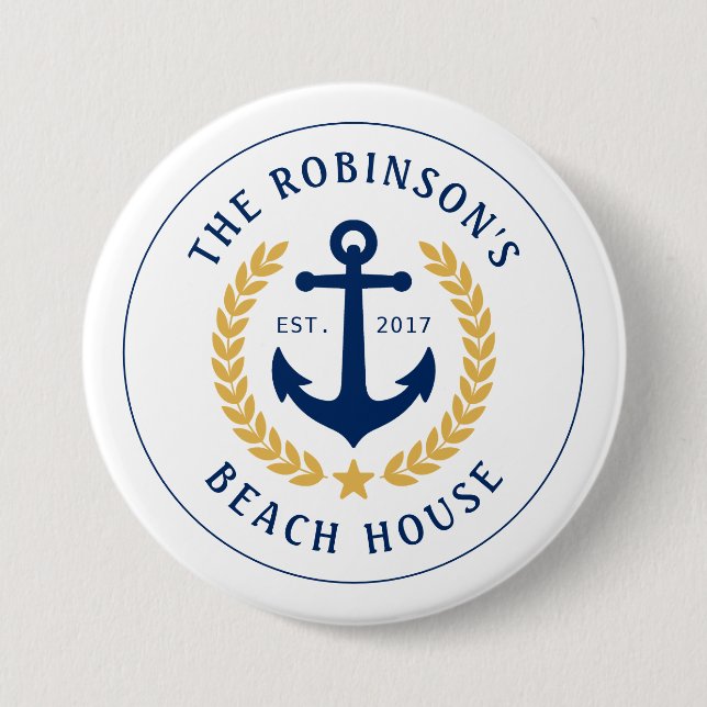 Family Name Beach House Anchor Gold Laurel Star 7.5 Cm Round Badge (Front)