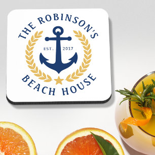 Family Name Beach House Anchor Gold Laurel White Coaster