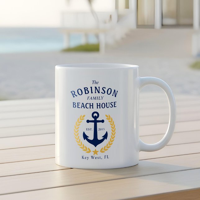 Family Name Beach House Anchor Gold Style Laurel Coffee Mug (Creator Uploaded)