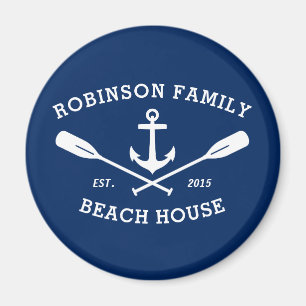 Family Name Beach House Anchor Oars White Blue Magnet