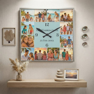 Family Name Beach House Coastal 12 Photos Collage  Square Wall Clock