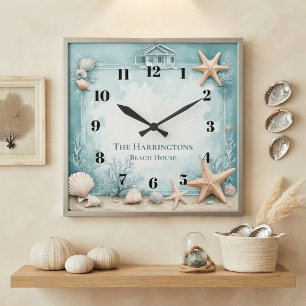Family Name Beach House Coastal Art Starfish Decor Square Wall Clock