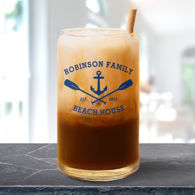 Family Name Beach House Nautical Anchor Oars Navy Can Glass (Creator Uploaded)