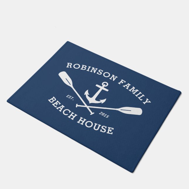 Family Name Beach House Nautical Anchor Oars Navy Doormat (Angled)