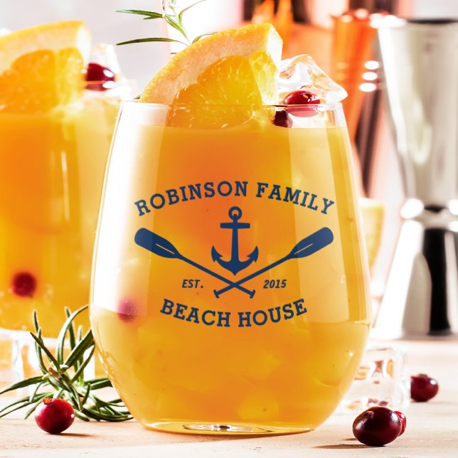 Family Name Beach House Nautical Anchor Oars Navy Stemless Wine Glass (Creator Uploaded)