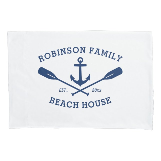Family Name Beach House Nautical Ship Anchor Oars Pillowcase (Front)