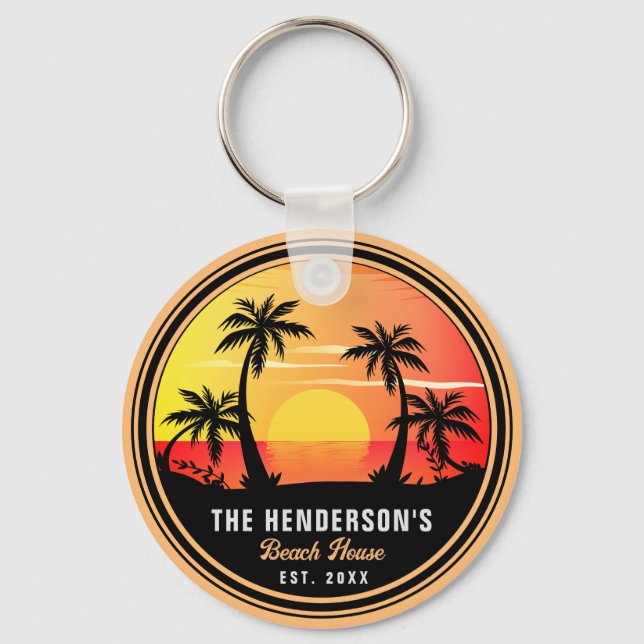 Family Name Beach House Retro Sunset Souvenir 80s Key Ring (Front)