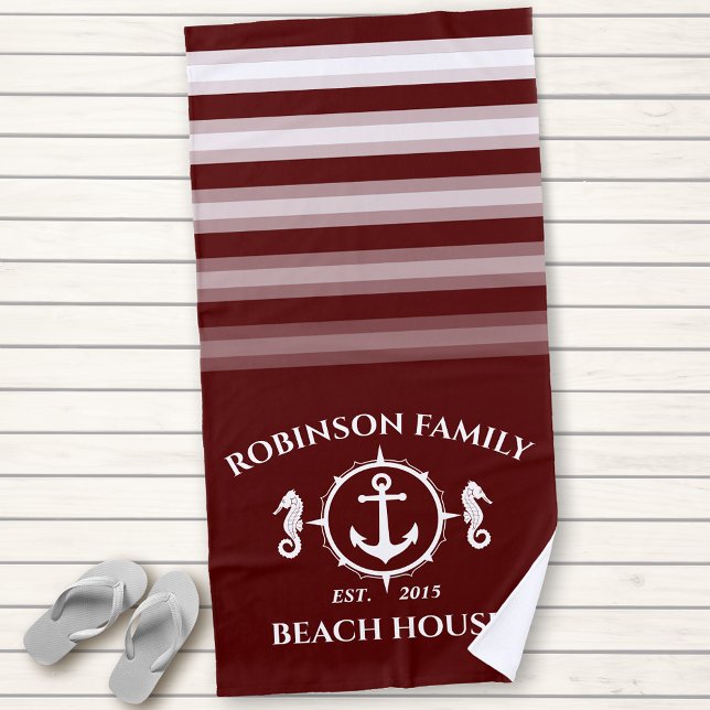Family Name Beach House Seahorse Anchor Deep Red Beach Towel (Creator Uploaded)