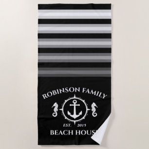 Family Name Beach House Seahorse Anchor Navy Black Towel