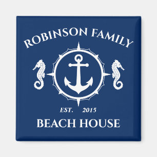 Family Name Beach House Seahorse Anchor Navy Blue Magnet