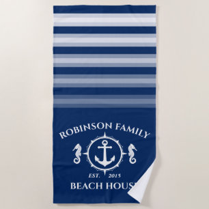 Family Name Beach House Seahorse Anchor Navy Blue Towel