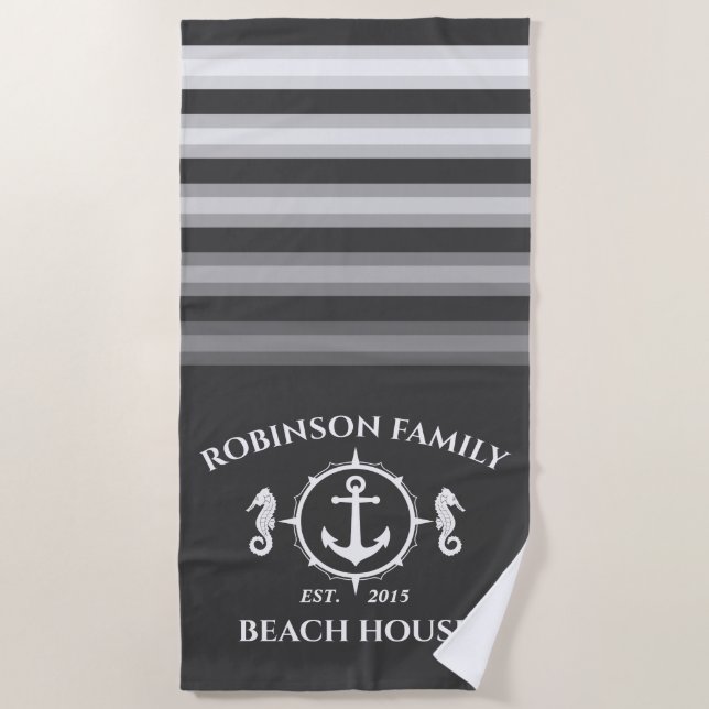 Family Name Beach House Seahorse Anchor Ship Grey Beach Towel (Front)