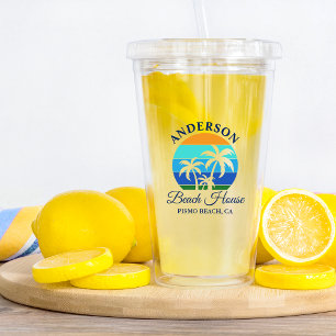 Family Name Beach House Sun Palm Trees Acrylic Tumbler