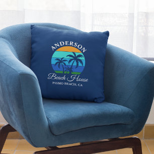 Family Name Beach House Sun Palm Trees Blue Cushion