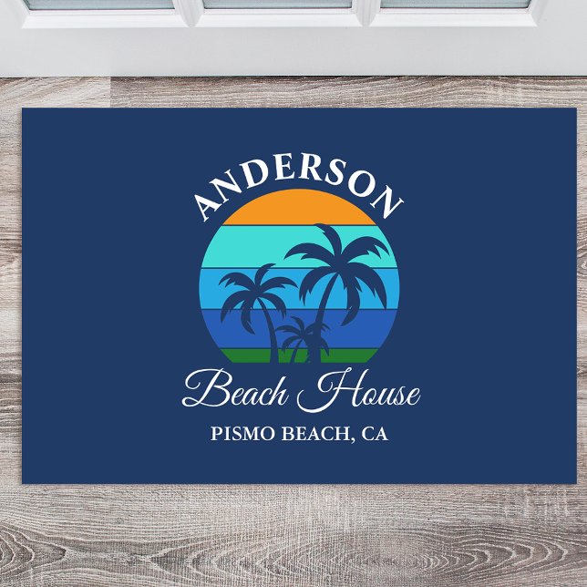 Family Name Beach House Sun Palm Trees Blue Doormat (Customize to change text size or text style.)