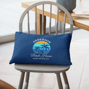 Family Name Beach House Sun Palm Trees Blue Lumbar Cushion
