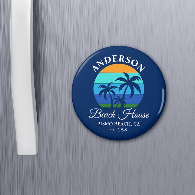 Family Name Beach House Sun Palm Trees Blue Magnet (Customize to change text size, text style or background color.)