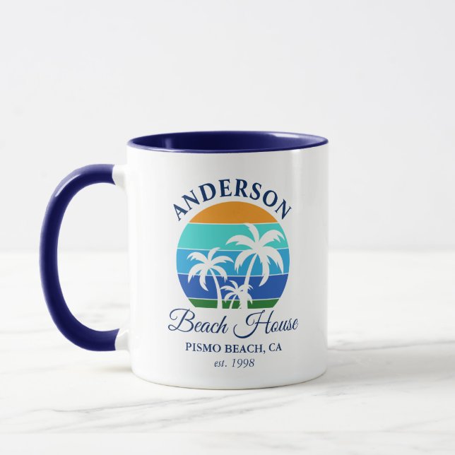 Family Name Beach House Sun Palm Trees Blue Mug (Left)