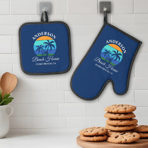 Family Name Beach House Sun Palm Trees Blue Oven Mitt & Pot Holder Set