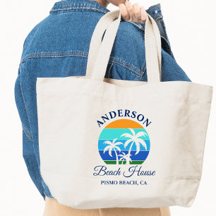 Family Name Beach House Sun Palm Trees Large Tote Bag