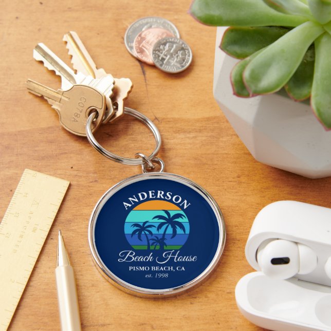 Family Name Beach House Sun Palm Trees Premium Key Ring (Desk)