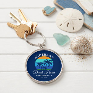 Family Name Beach House Sun Palm Trees Premium Key Ring