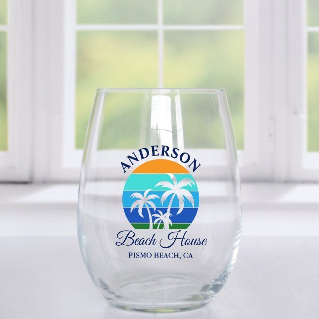 Family Name Beach House Sun Palm Trees Stemless Wine Glass (Customize to change text color, size or text style.)