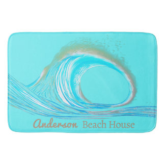 Family Name Beach House Teal Ocean Wave Bath Mat
