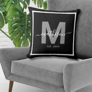 Family Name Black Newlywed Monogram Cushion