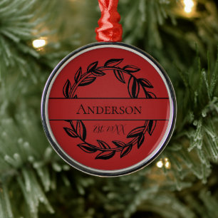 Family Name Black Red Leaf Christmas Metal Ornam Ornament