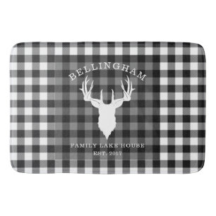 Family Name Black White Lake House Gingham Plaid Bath Mat