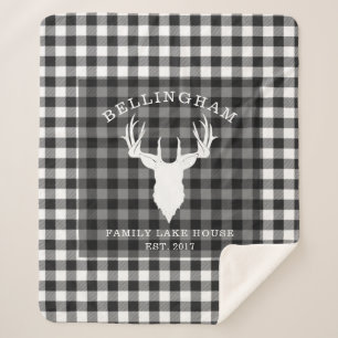Family Name Black White Lake House Gingham Plaid Sherpa Blanket