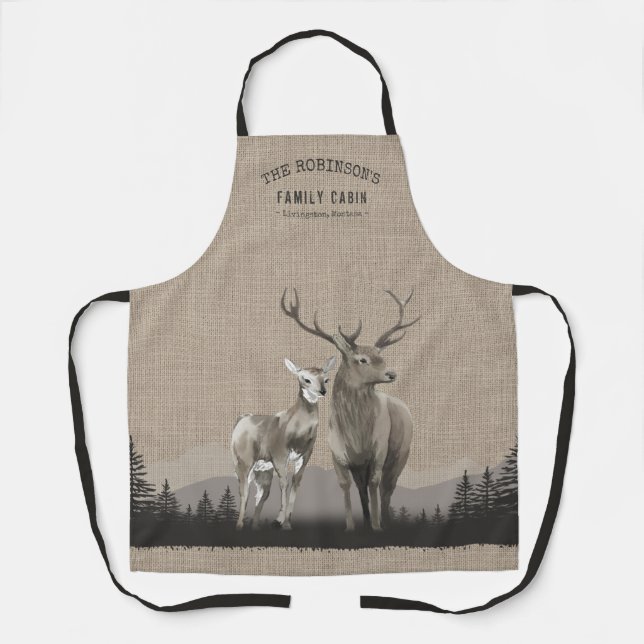 Family Name Cabin Deer Pine Tree Forest Burlap Apron (Front)