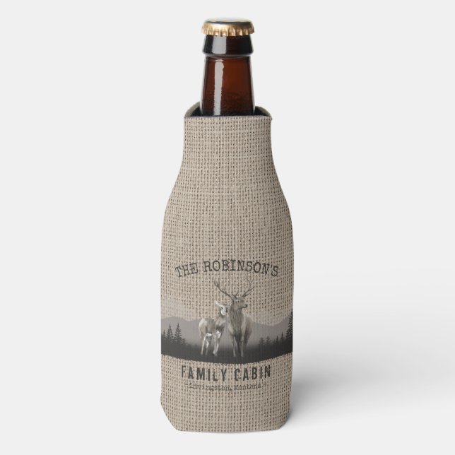 Family Name Cabin Deer Pine Tree Forest Burlap Bottle Cooler (Bottle Front)