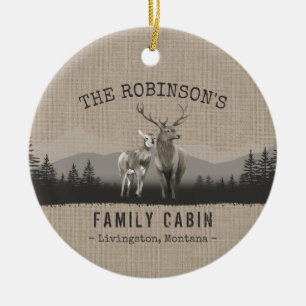 Family Name Cabin Deer Pine Tree Forest Burlap Ceramic Ornament