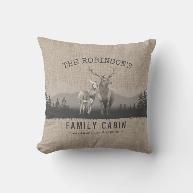 Family Name Cabin Deer Pine Tree Forest Burlap Cushion (Front)