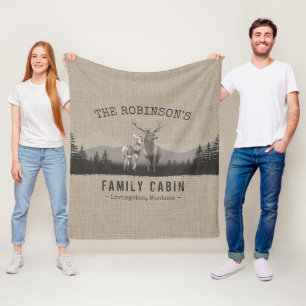 Family Name Cabin Deer Pine Tree Forest Burlap Fleece Blanket