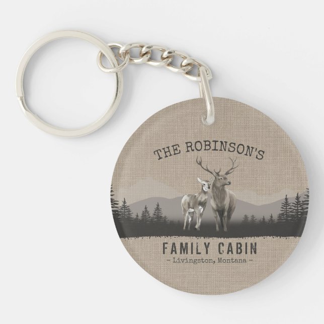 Family Name Cabin Deer Pine Tree Forest Burlap Key Ring (Front)